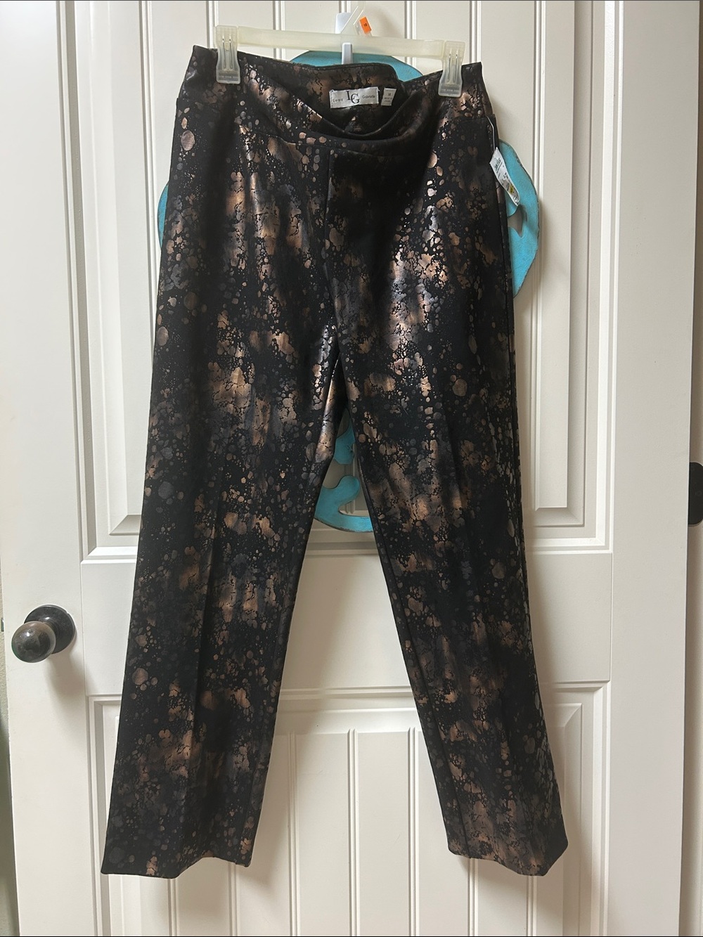 Lena Gabrielle Black Straight-Leg Pants with Bronze Metallic Print